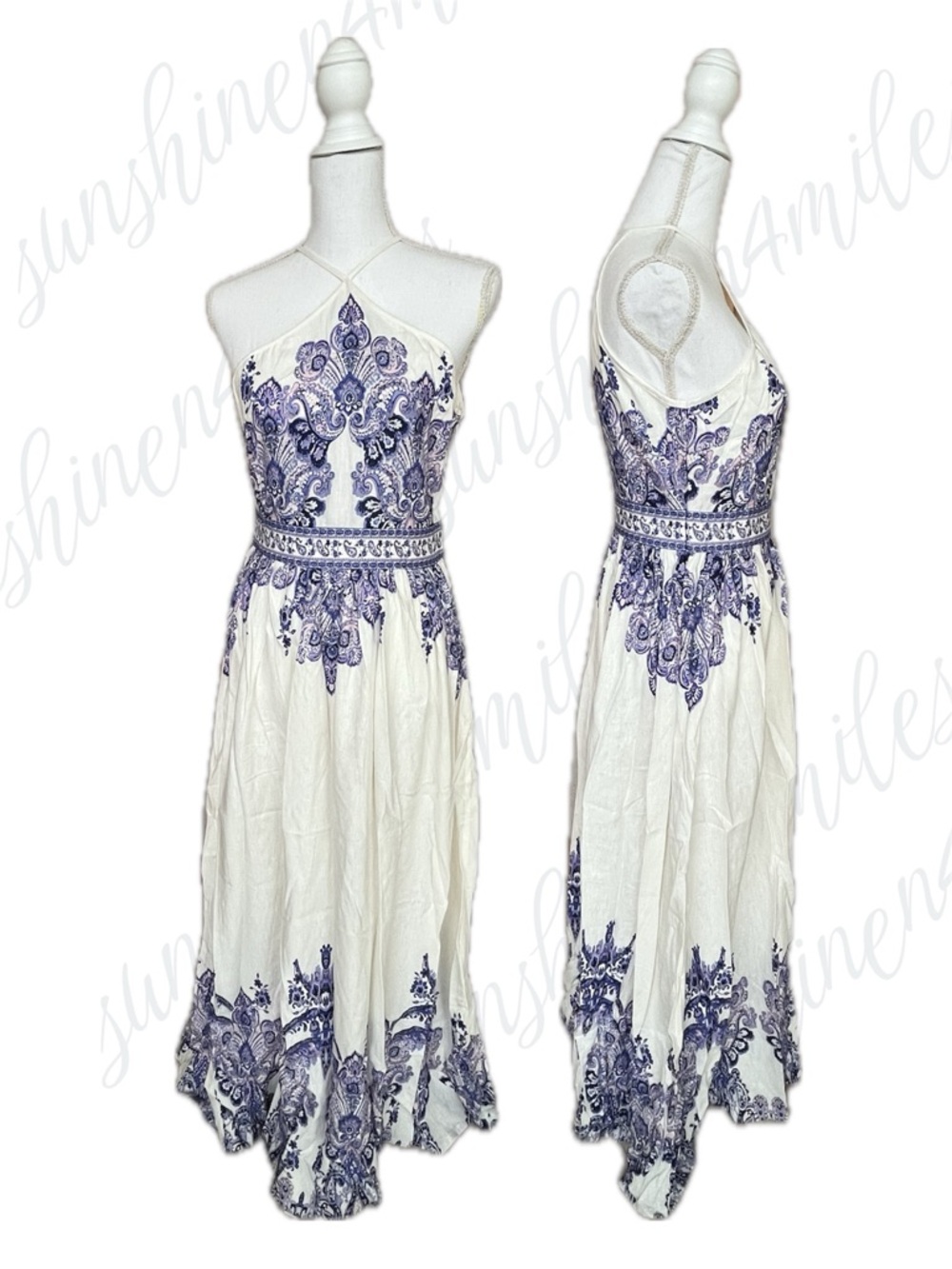 VENUS White Halter-neck Linen-Blend Purple-Blue Paisley Print Maxi Dress size 6